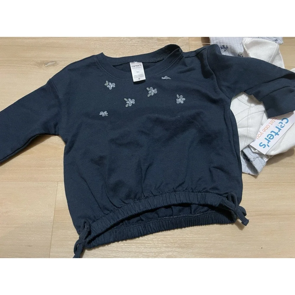 NWT Carters Baby Girl 3 Piece Set Blue Floral Rib Flare Pants Crewneck 9‎ Months